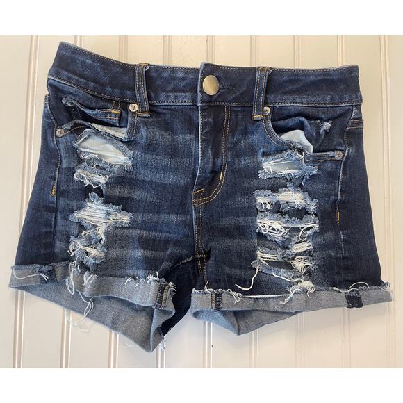 American Eagle Outfitters Hi Rise Shortie Distressed Jean Shorts Size Women's 0 - Picture 1 of 8